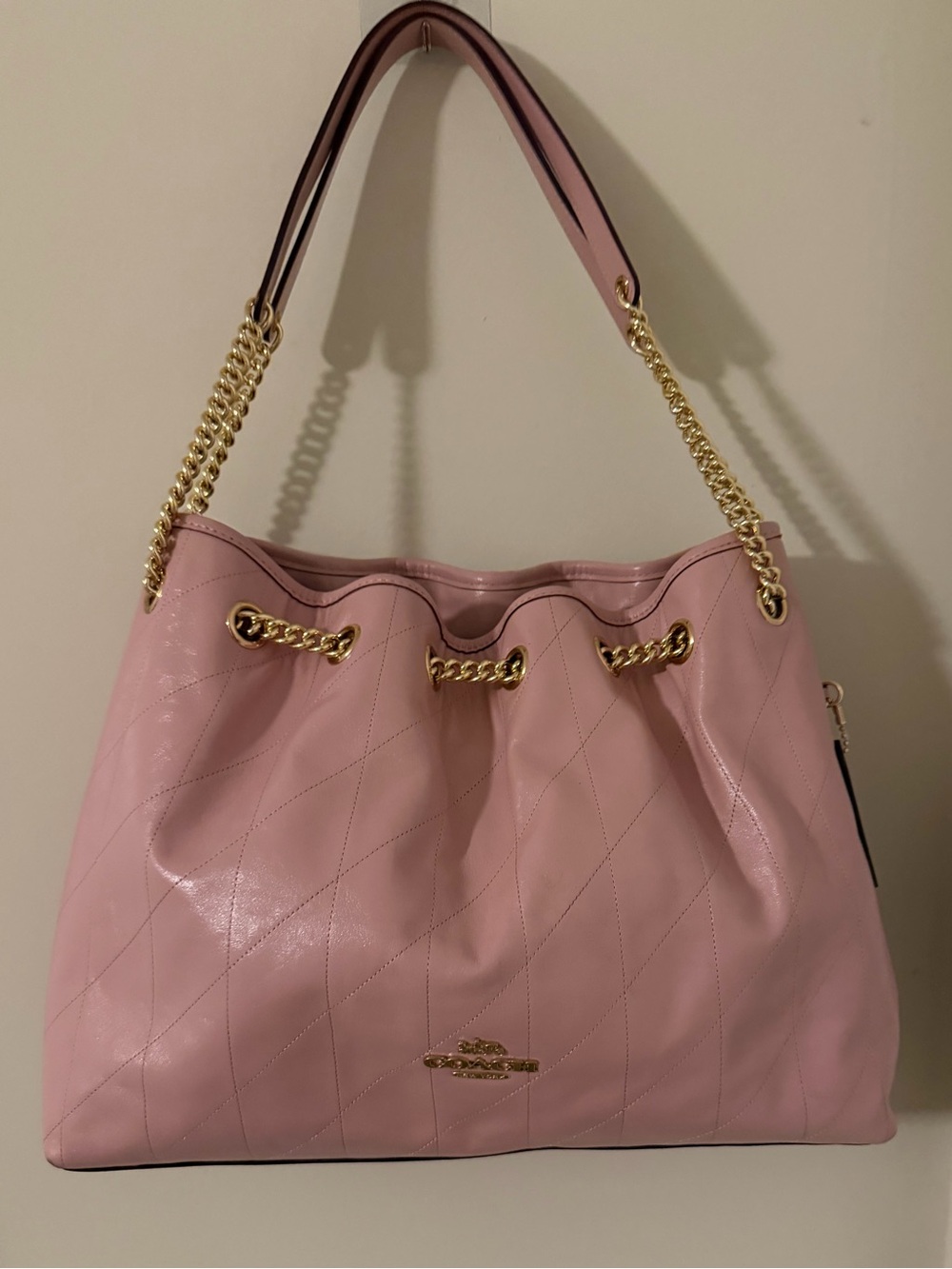 Coach Evelyn Carnation Pink Quilted Drawstring Shoulder Bag with Gold Chain